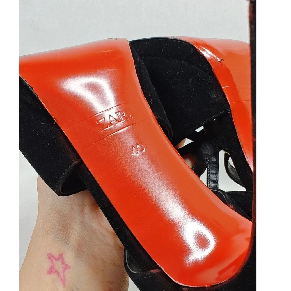 Zara Platform‎ Heels EU 40 Black Gold Snake Chain Strappy Peep Toe Red Sole